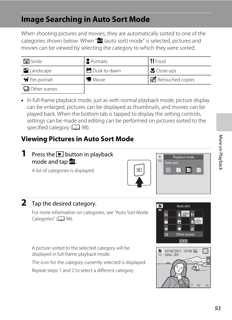 Image searching in auto sort mode, Viewing pictures in auto sort mode, A 93) | A 93, A 93), or, Press the c button in playback mode and tap f, Tap the desired category | Nikon Coolpix S4100 User Manual | Page 105 / 208
