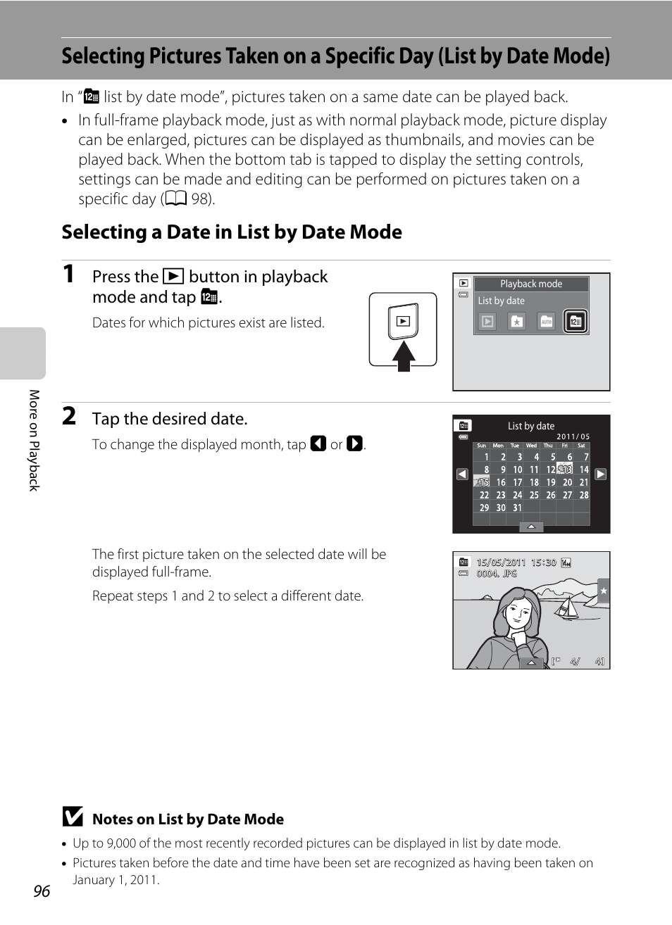 Selecting a date in list by date mode, A 96, A 96) | Press the c button in playback mode and tap c, Tap the desired date | Nikon Coolpix S4100 User Manual | Page 108 / 208