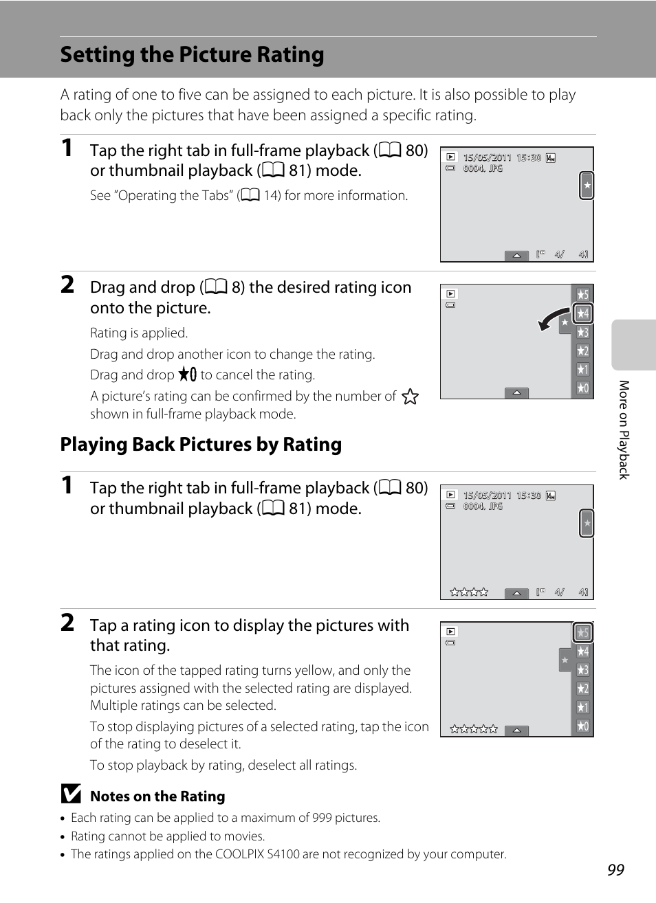 Setting the picture rating, Playing back pictures by rating, A 99) | A 99 | Nikon Coolpix S4100 User Manual | Page 111 / 208