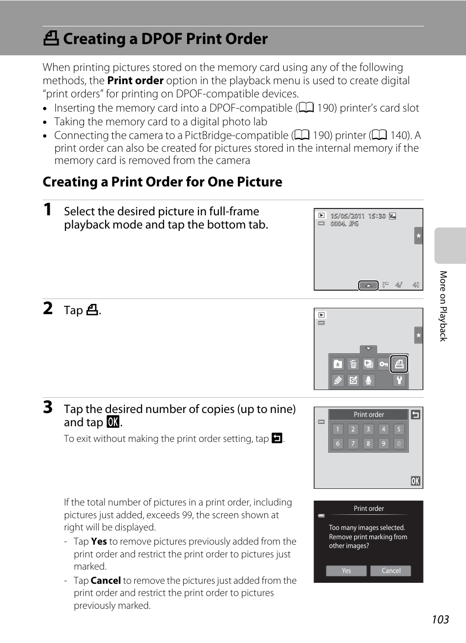 Creating a dpof print order, Creating a print order for one picture, A creating a dpof print order | Acreating a dpof print order, Tap a | Nikon Coolpix S4100 User Manual | Page 115 / 208