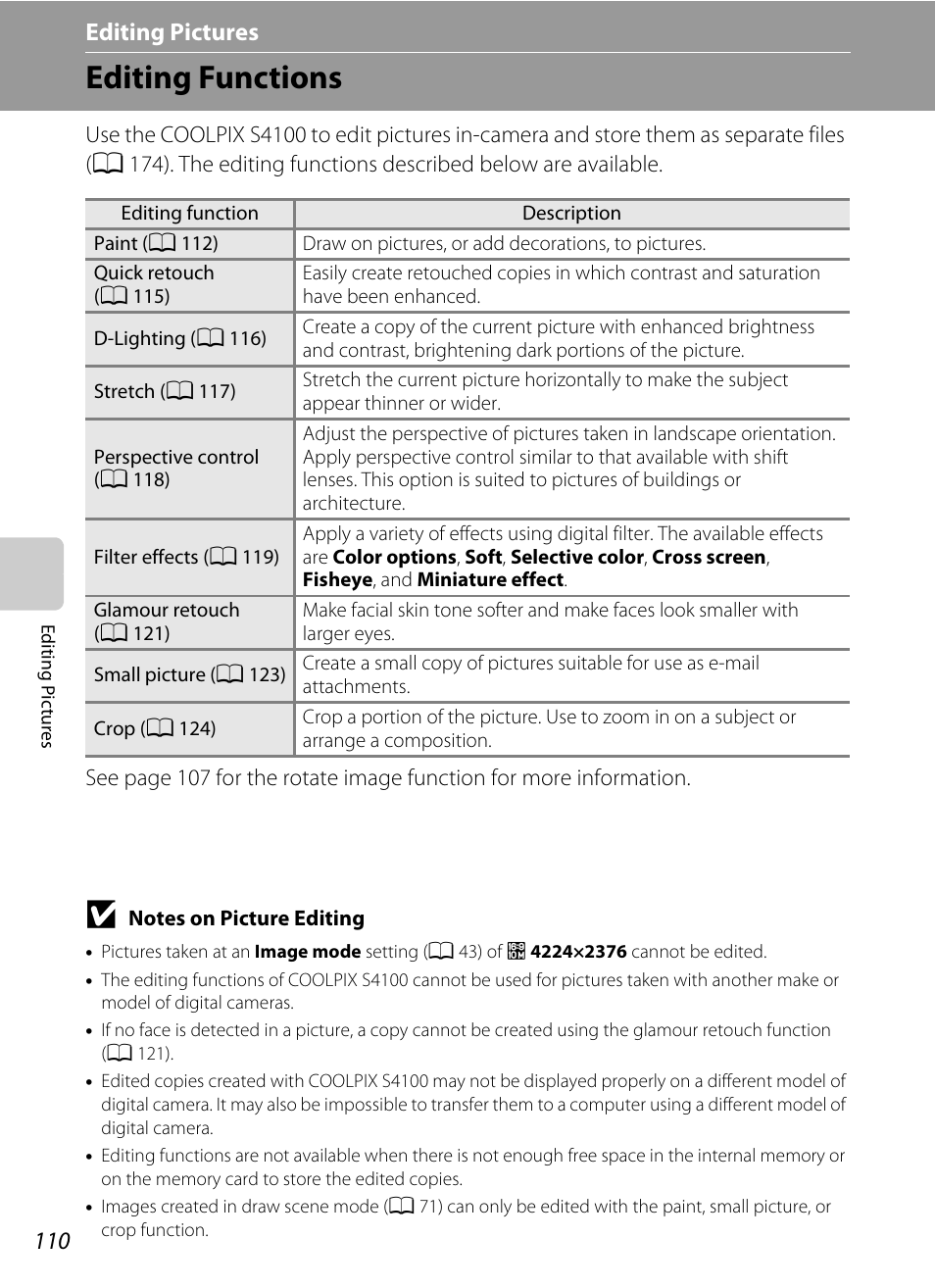 Editing pictures, Editing functions, Editing pictures” (a 110) for | Using editing functions, A 110) | Nikon Coolpix S4100 User Manual | Page 122 / 208