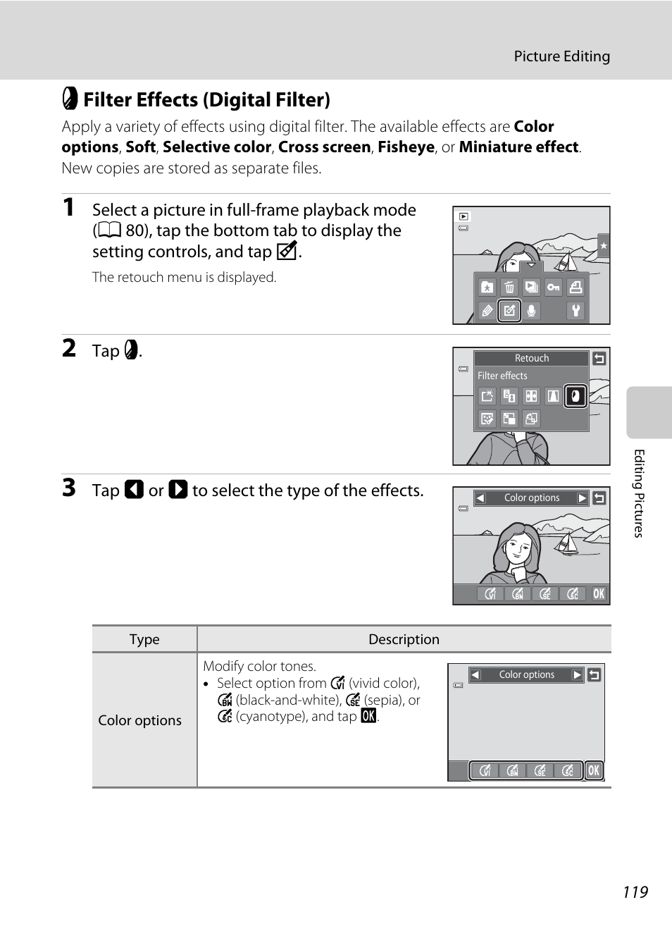 Filter effects (digital filter), I filter effects (digital filter), A 119) | Nikon Coolpix S4100 User Manual | Page 131 / 208