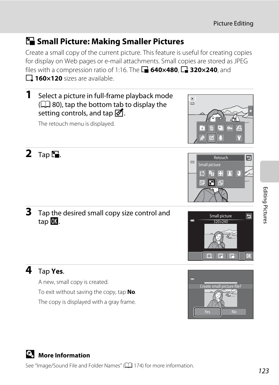 Small picture: making smaller pictures, G small picture: making smaller pictures, L picture | A 123), Gsmall picture: making smaller pictures | Nikon Coolpix S4100 User Manual | Page 135 / 208