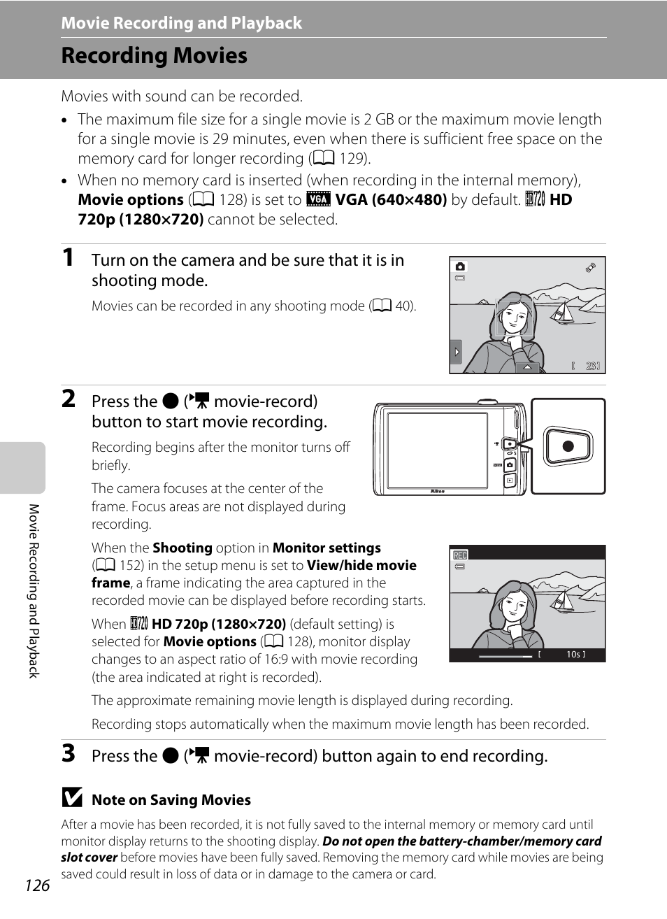 Movie recording and playback, Recording movies, A 126, 130) | A 126, A 126) | Nikon Coolpix S4100 User Manual | Page 138 / 208