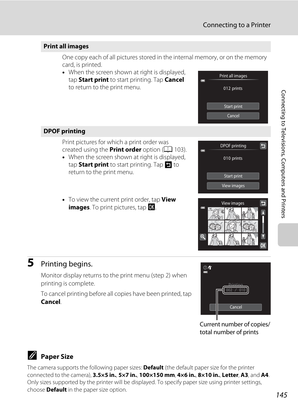 A 145), Printing begins | Nikon Coolpix S4100 User Manual | Page 157 / 208