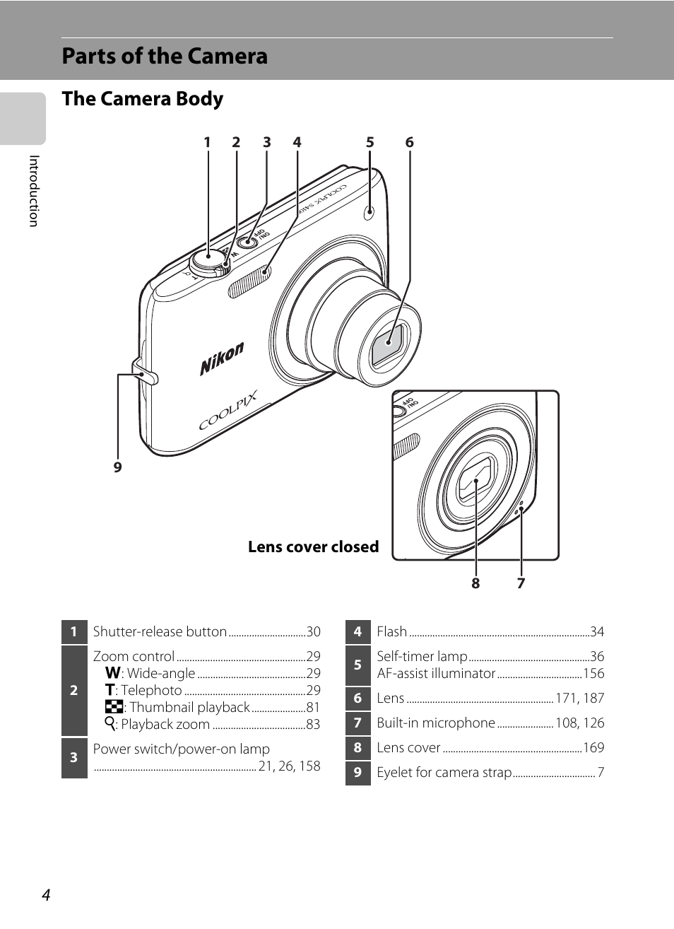 Parts of the camera, The camera body | Nikon Coolpix S4100 User Manual | Page 16 / 208