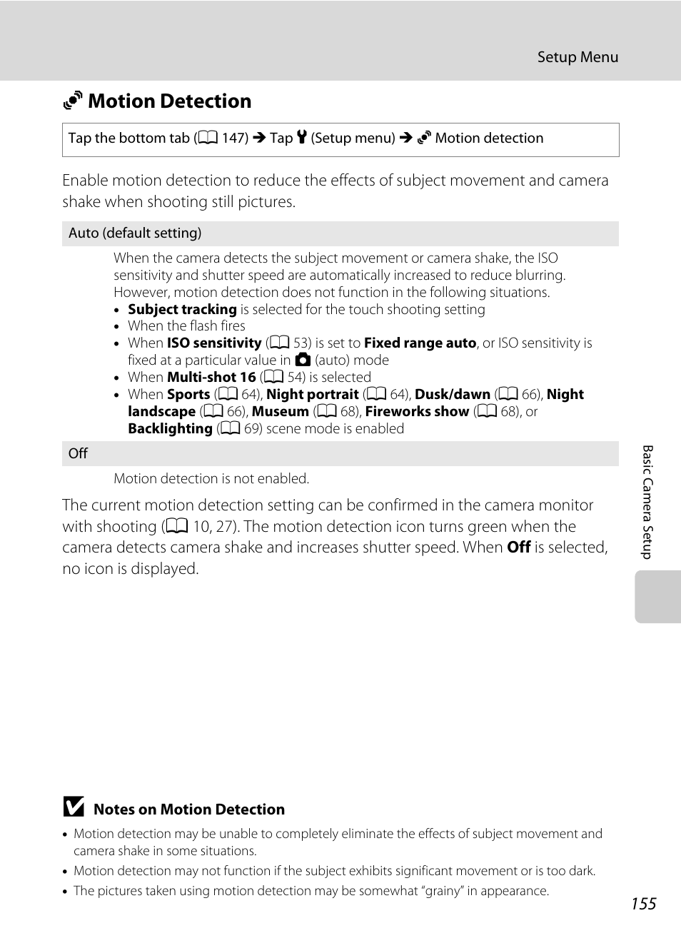 Motion detection, U motion detection, A 155) i | A 155), A 155, Umotion detection | Nikon Coolpix S4100 User Manual | Page 167 / 208