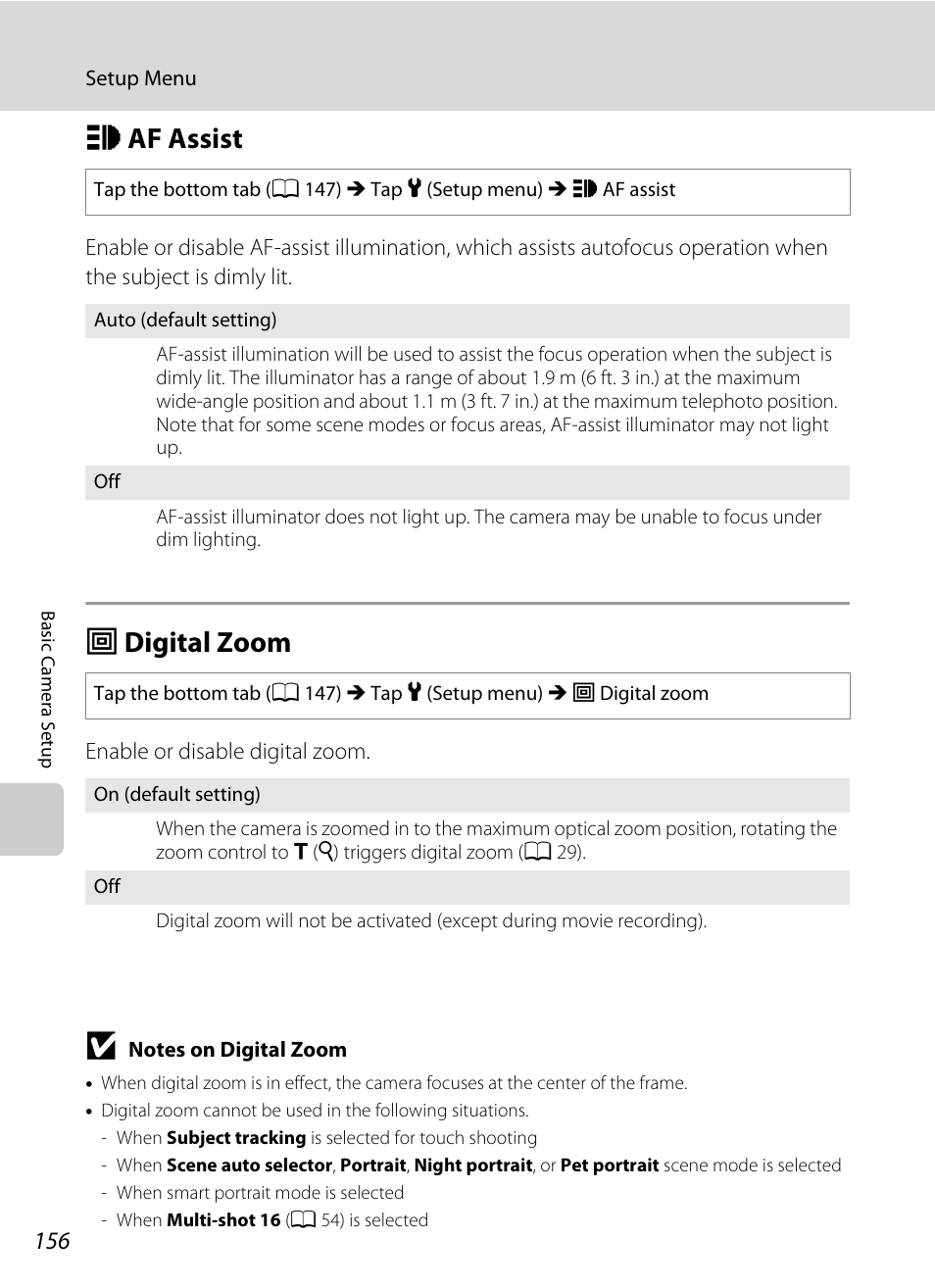 Af assist, Digital zoom, H af assist u digital zoom | A 156) in, A 156) may l, A 156) does not, Ee “notes on digital zoom, A 156), A 156, Haf assist | Nikon Coolpix S4100 User Manual | Page 168 / 208