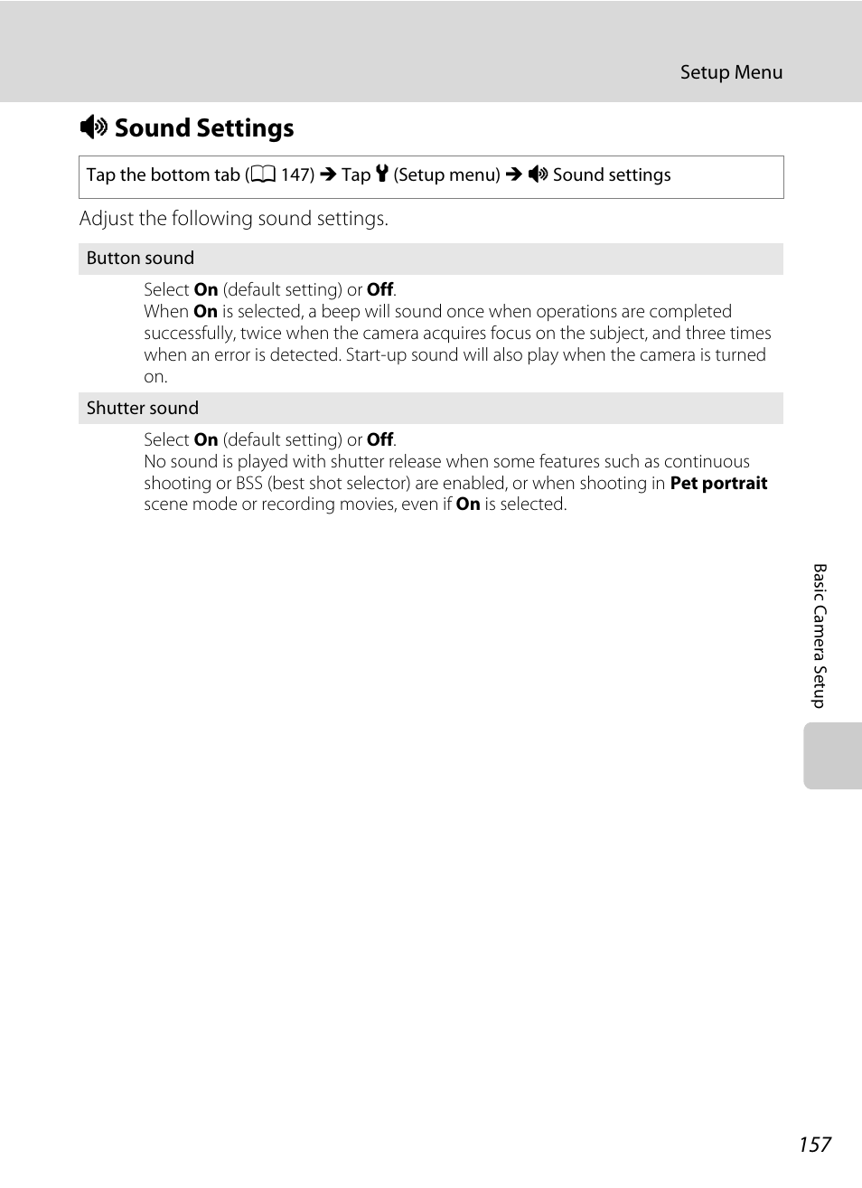 Sound settings, I sound settings, A 157 | Nikon Coolpix S4100 User Manual | Page 169 / 208