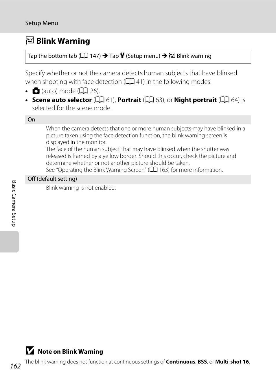 Blink warning, D blink warning, A 162 | Dblink warning | Nikon Coolpix S4100 User Manual | Page 174 / 208