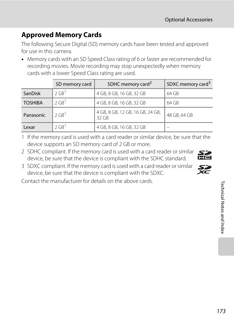 Approved memory cards, A 173) | Nikon Coolpix S4100 User Manual | Page 185 / 208