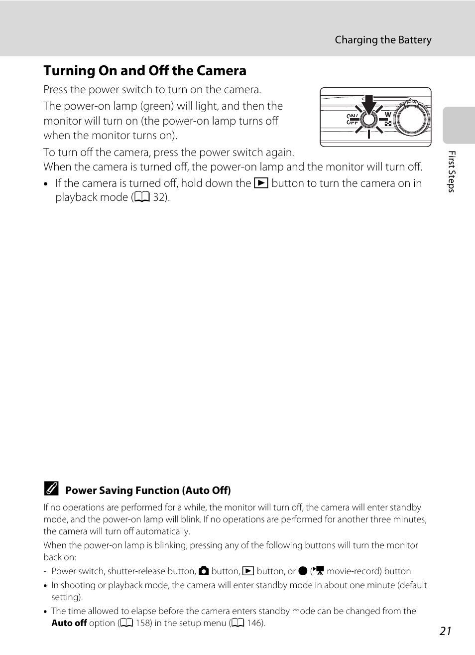 Turning on and off the camera, A 21) and be sure | Nikon Coolpix S4100 User Manual | Page 33 / 208