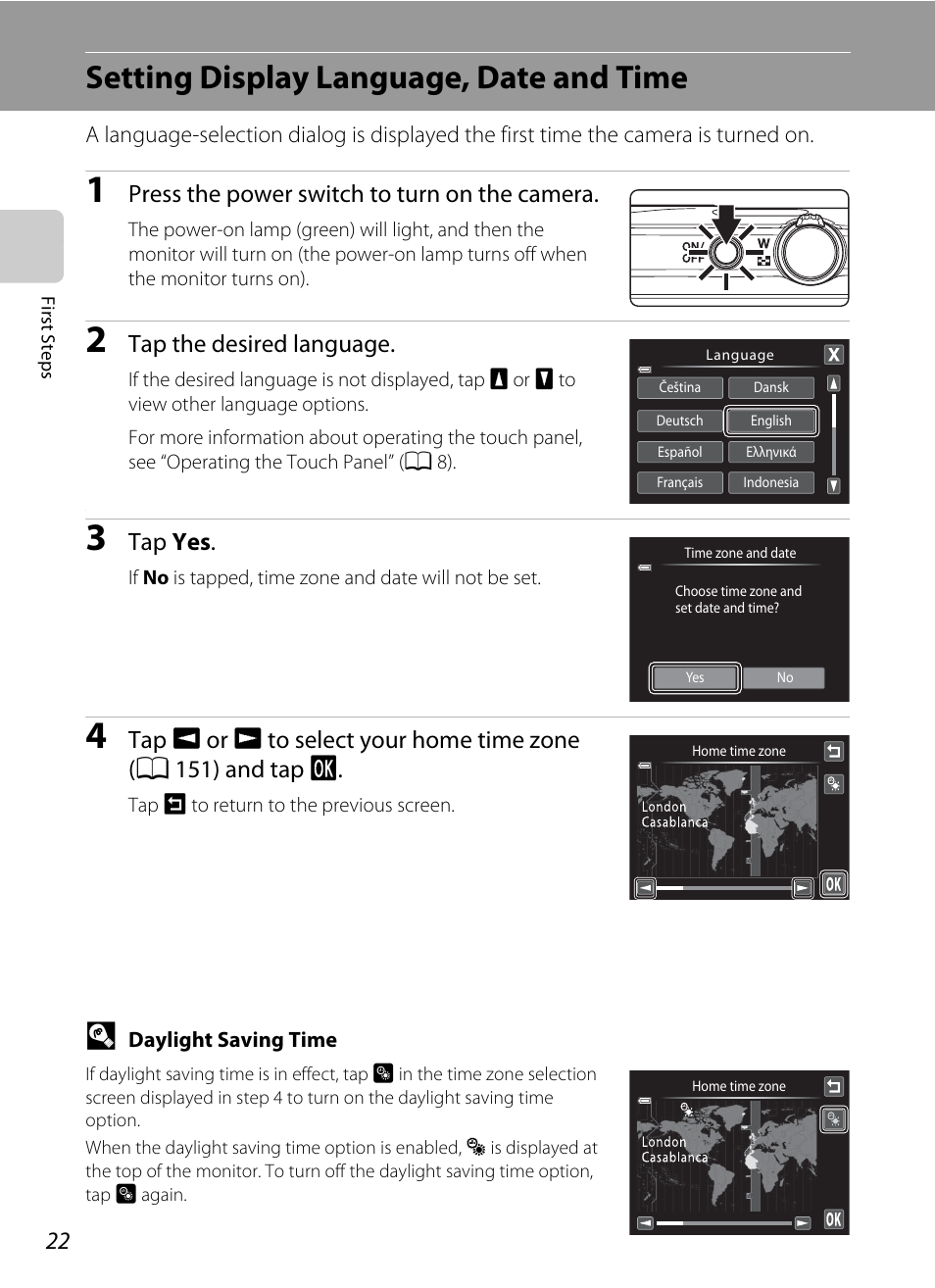 Setting display language, date and time, Press the power switch to turn on the camera, Tap the desired language | Tap yes | Nikon Coolpix S4100 User Manual | Page 34 / 208