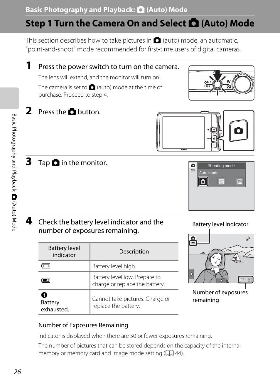 Basic photography and playback: auto mode, Step 1 turn the camera on and select auto mode, Basic photography and playback: a (auto) mode | Step 1 turn the camera on and select a (auto) mode | Nikon Coolpix S4100 User Manual | Page 38 / 208