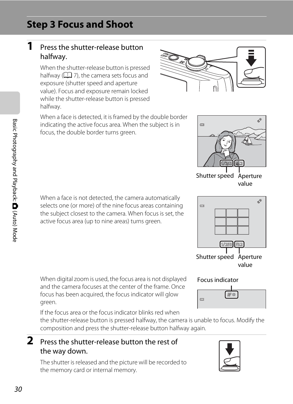 Step 3 focus and shoot, Press the shutter-release button halfway | Nikon Coolpix S4100 User Manual | Page 42 / 208