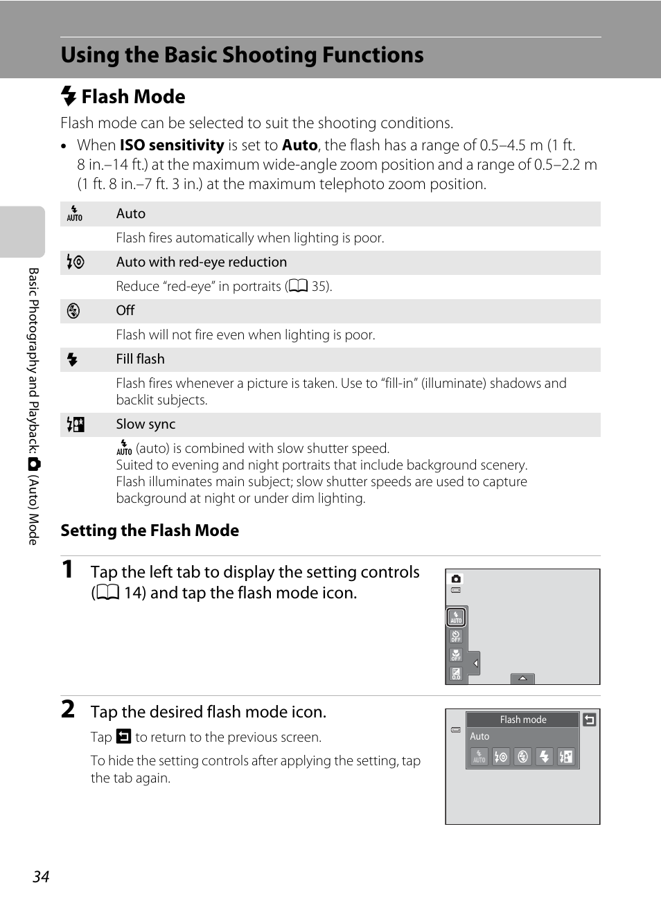 Using the basic shooting functions, Flash mode, M flash mode | A 34, A 34), Mflash mode | Nikon Coolpix S4100 User Manual | Page 46 / 208