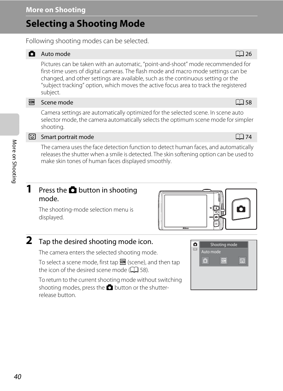 More on shooting, Selecting a shooting mode, A 40) | Nikon Coolpix S4100 User Manual | Page 52 / 208