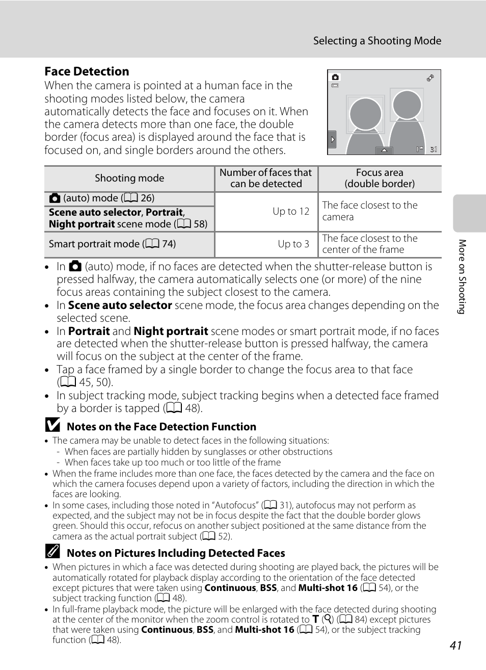 Ee “notes on the face detection function, A 41) fo, A 41) or | Face detection | Nikon Coolpix S4100 User Manual | Page 53 / 208