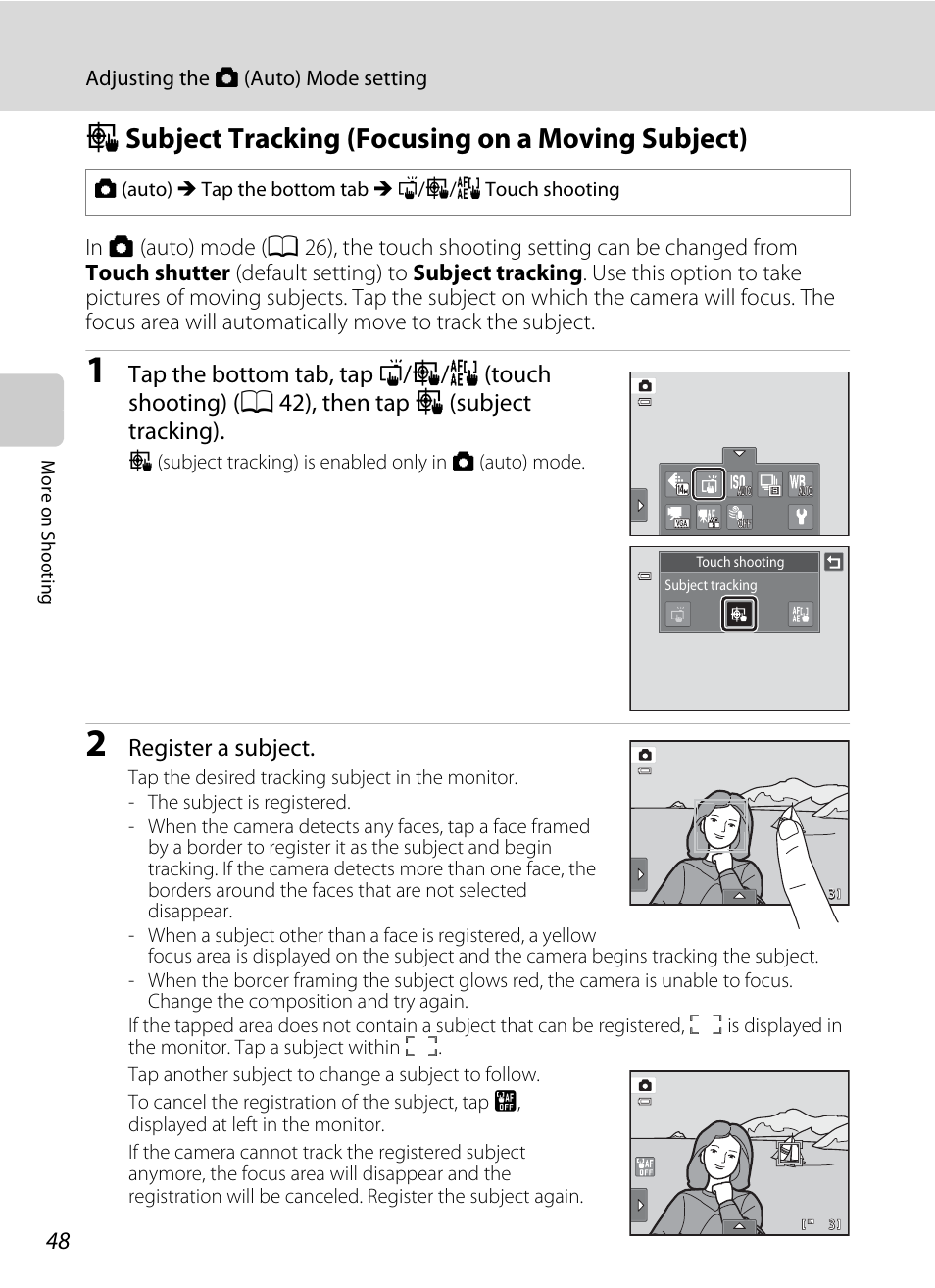 Subject tracking (focusing on a moving subject), S subject tracking (focusing on a moving subject), A 48) operations | A 48), Register a subject | Nikon Coolpix S4100 User Manual | Page 60 / 208