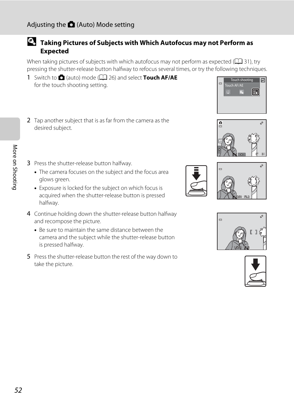 A 52), A 52, Adjusting the a (auto) mode setting | Nikon Coolpix S4100 User Manual | Page 64 / 208
