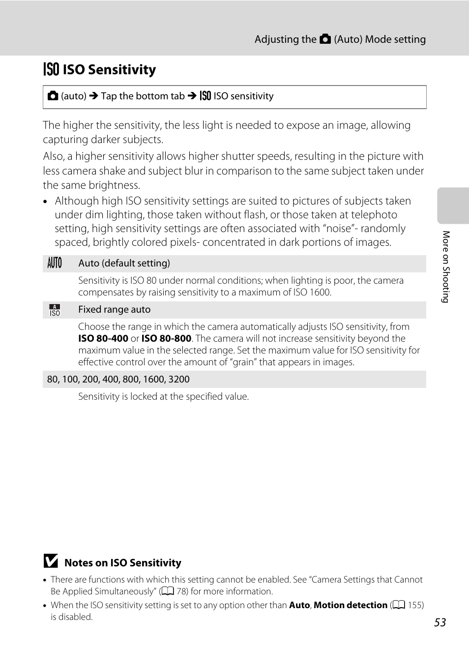 Iso sensitivity, E iso sensitivity, Eiso sensitivity | Nikon Coolpix S4100 User Manual | Page 65 / 208