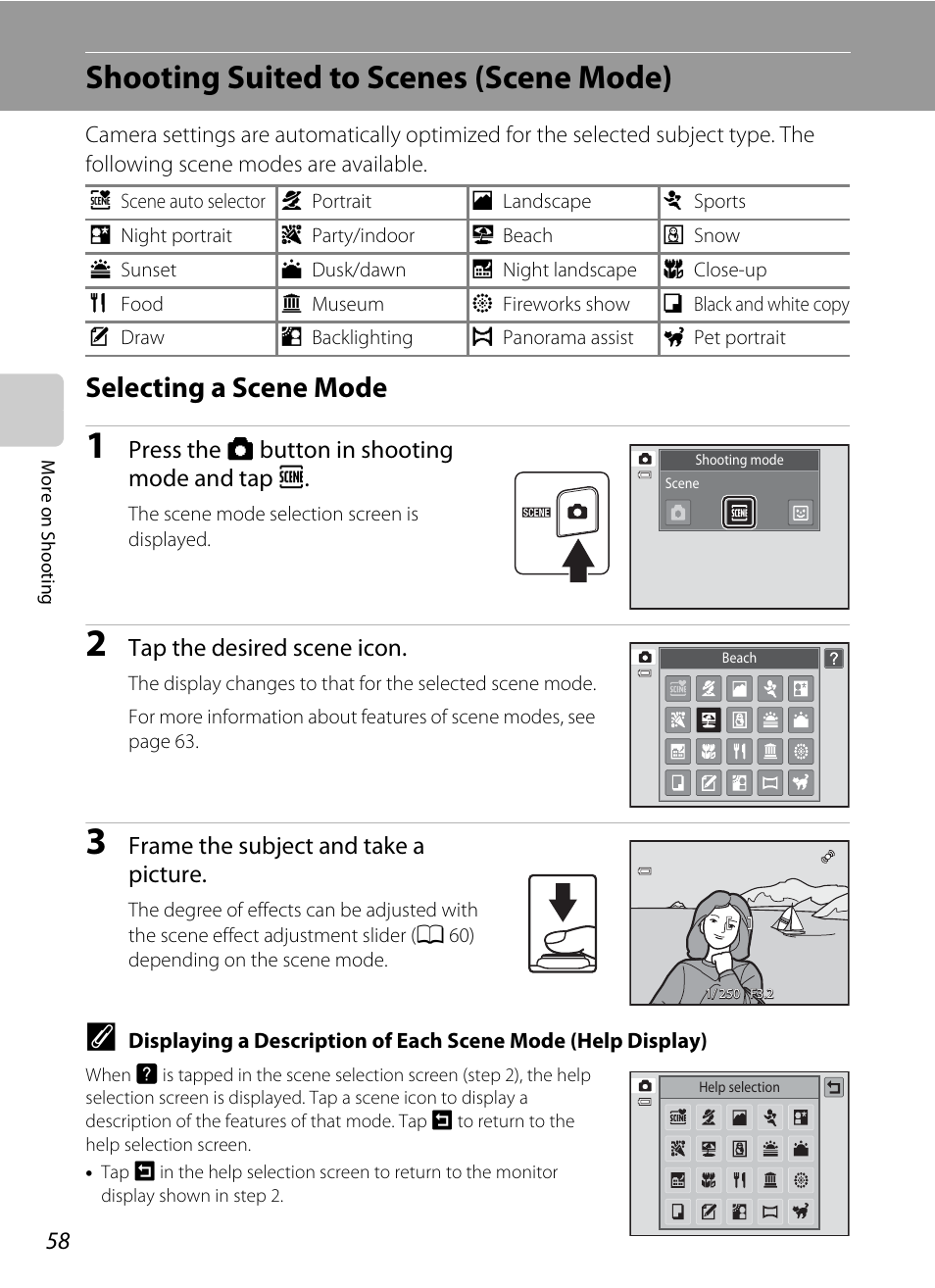 Shooting suited to scenes (scene mode), Selecting a scene mode, A 58) | A 58, A 58), an, Press the a button in shooting mode and tap c, Tap the desired scene icon, Frame the subject and take a picture | Nikon Coolpix S4100 User Manual | Page 70 / 208