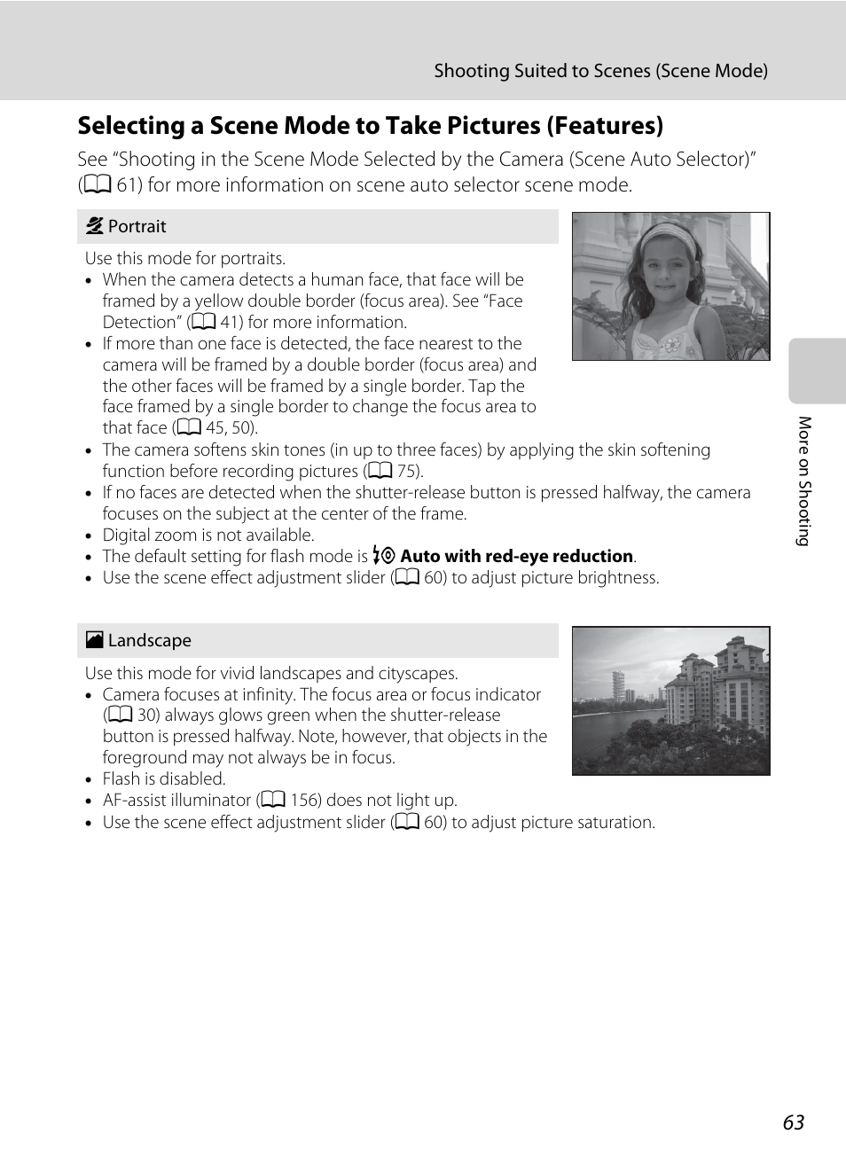 Selecting a scene mode to take pictures (features), A 63) f | Nikon Coolpix S4100 User Manual | Page 75 / 208