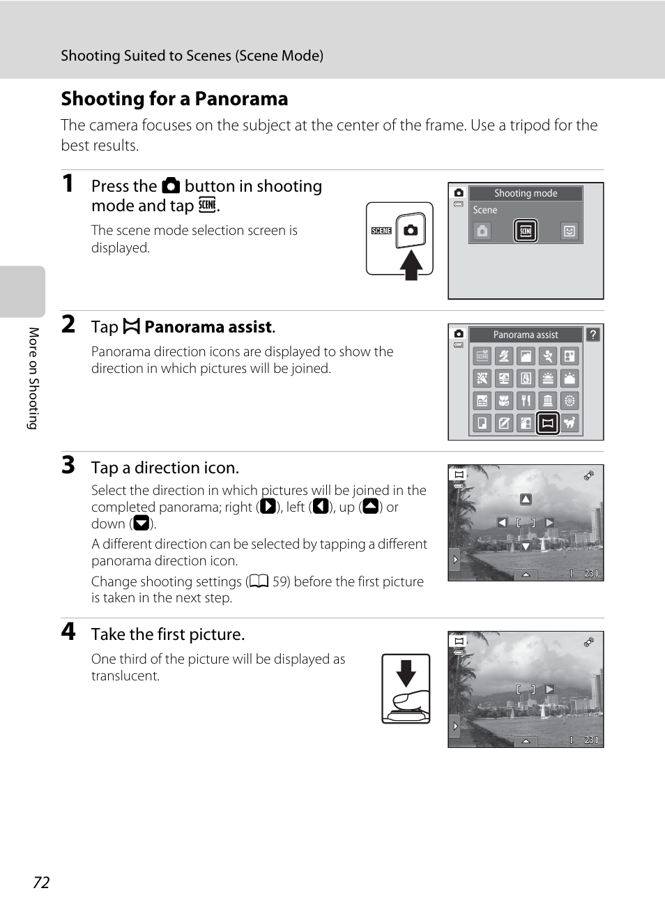 Shooting for a panorama, See “shooting for a panorama, A 72) f | Nikon Coolpix S4100 User Manual | Page 84 / 208