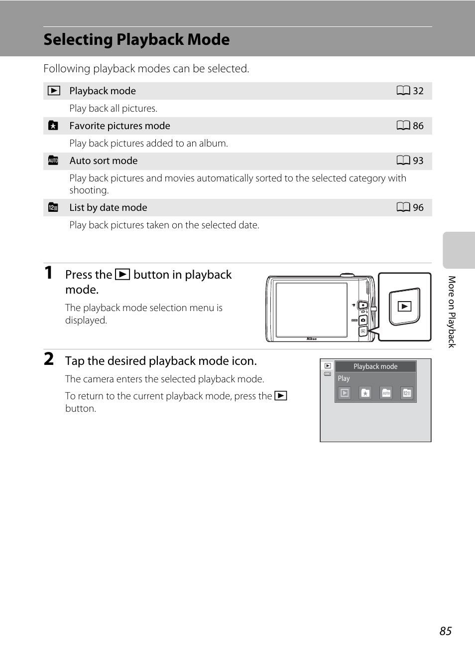 Selecting playback mode | Nikon Coolpix S4100 User Manual | Page 97 / 208