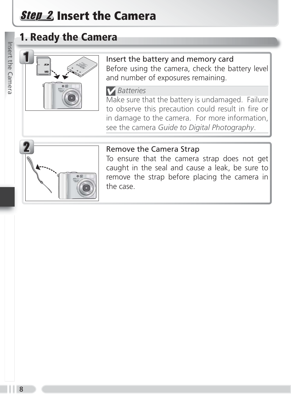 Insert the camera, Ready the camera | Nikon WP-CP2 User Manual | Page 15 / 26