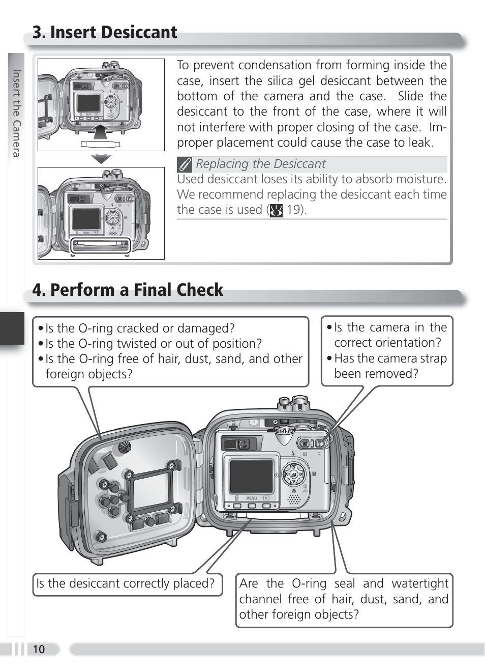 Insert desiccant, Perform a final check, Insert desiccant 4. perform a final check | Nikon WP-CP2 User Manual | Page 17 / 26