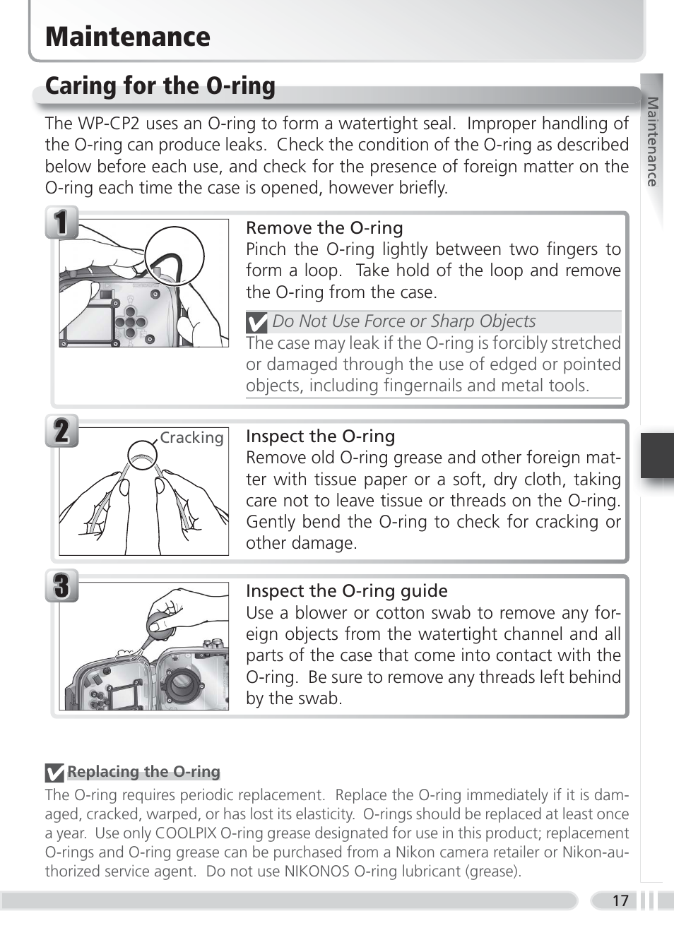 Maintenance, Caring for the o-ring | Nikon WP-CP2 User Manual | Page 24 / 26