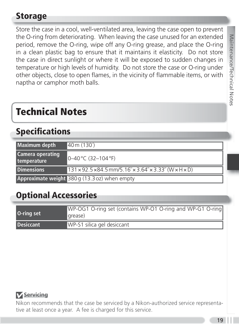 Storage, Technical notes, Specifi cations | Optional accessories | Nikon WP-CP2 User Manual | Page 26 / 26