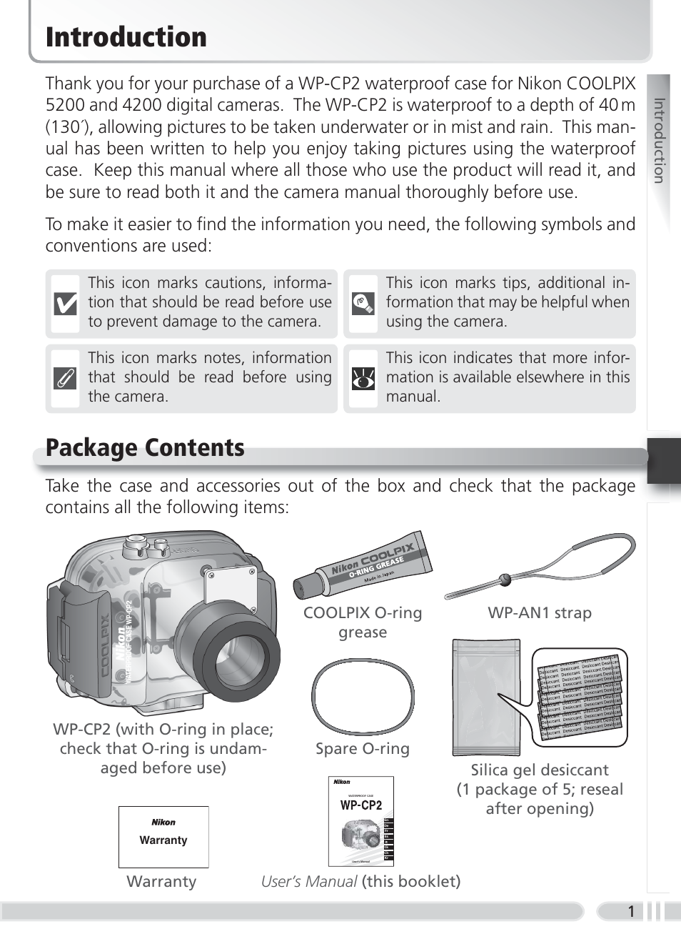 Introduction, Package contents, User’s manual (this booklet) | Nikon WP-CP2 User Manual | Page 8 / 26