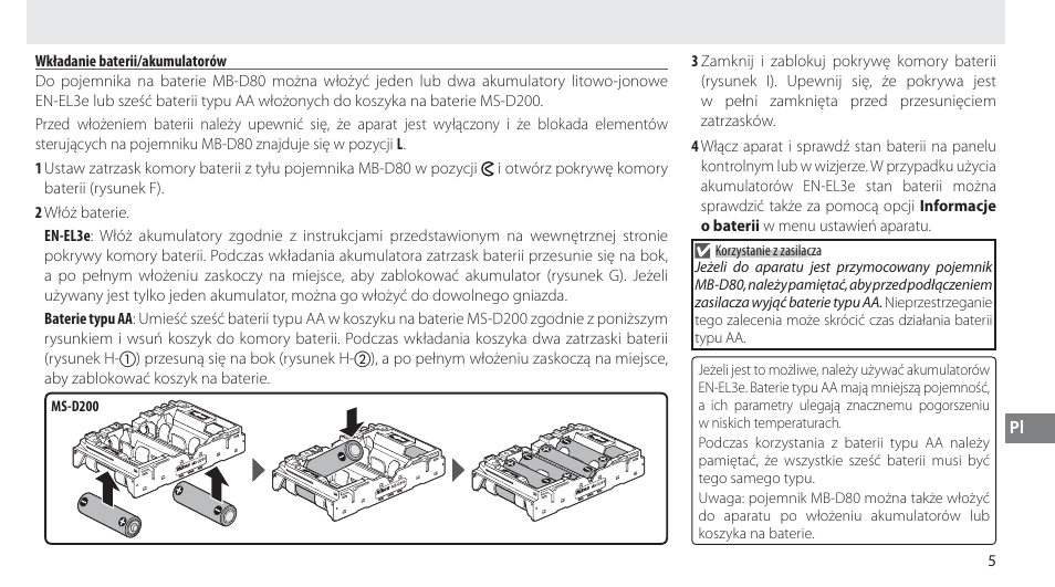 Wkładanie baterii/akumulatorów | Nikon MB-D80 User Manual | Page 100 / 138
