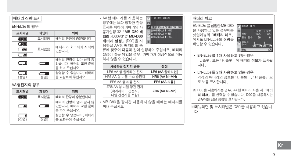 배터리 잔량 표시, 배터리 체크 | Nikon MB-D80 User Manual | Page 135 / 138