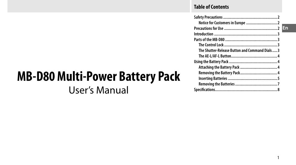Mb-d80 multi-power battery pack, User’s manual | Nikon MB-D80 User Manual | Page 16 / 138