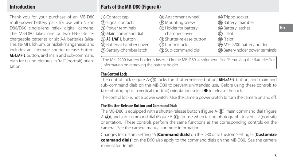Introduction, Parts of the mb-d80, The control lock | The shutter-release button and command dials, Parts of the mb-d80 (figure a) | Nikon MB-D80 User Manual | Page 18 / 138