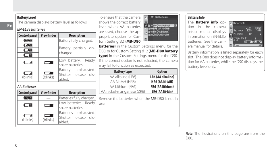 Battery level, Battery info | Nikon MB-D80 User Manual | Page 21 / 138