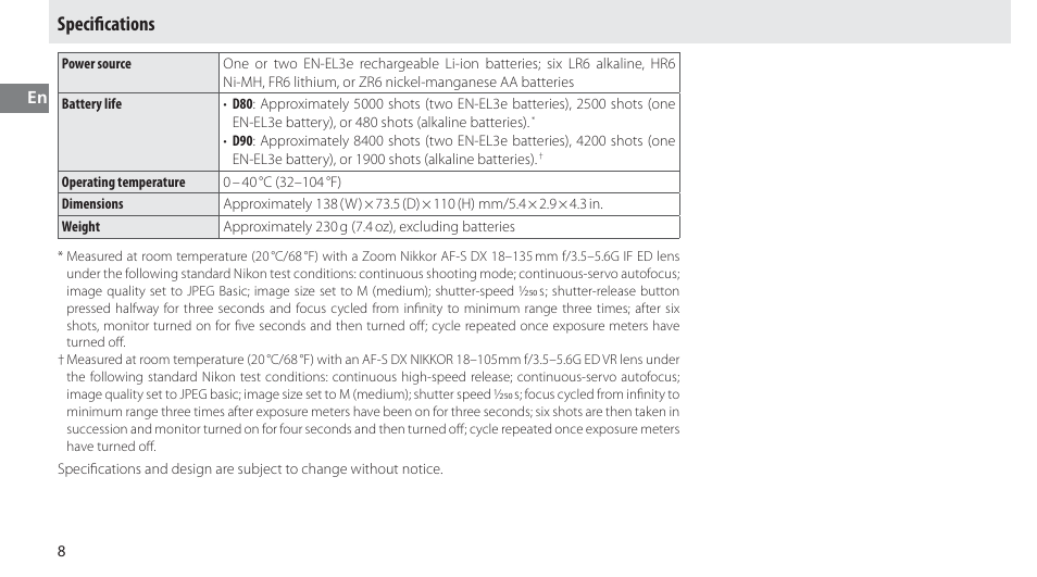 Specifications, Speciﬁ cations | Nikon MB-D80 User Manual | Page 23 / 138