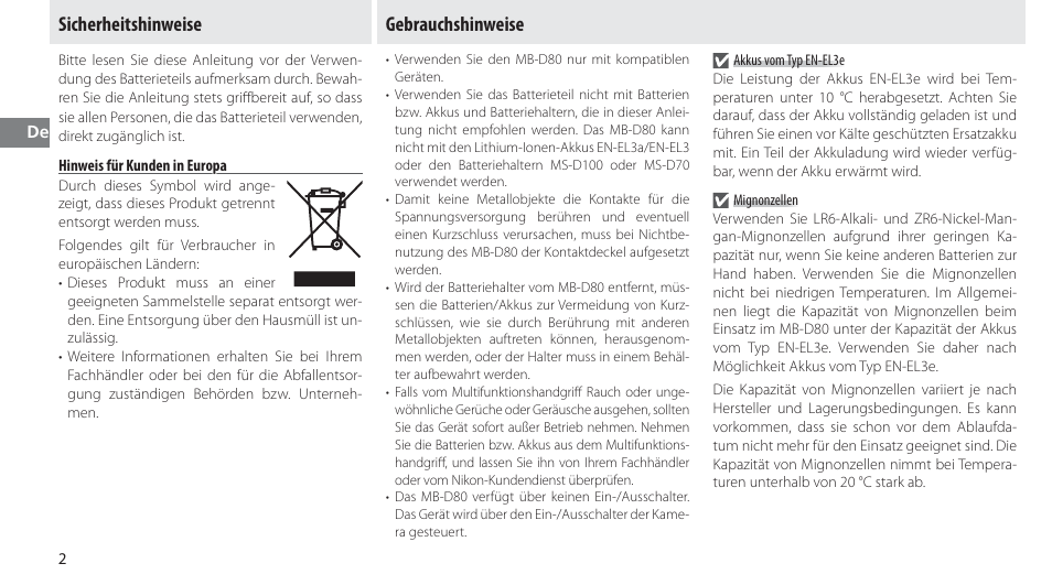 Sicherheitshinweise, Hinweis für kunden in europa, Gebrauchshinweise | Nikon MB-D80 User Manual | Page 25 / 138