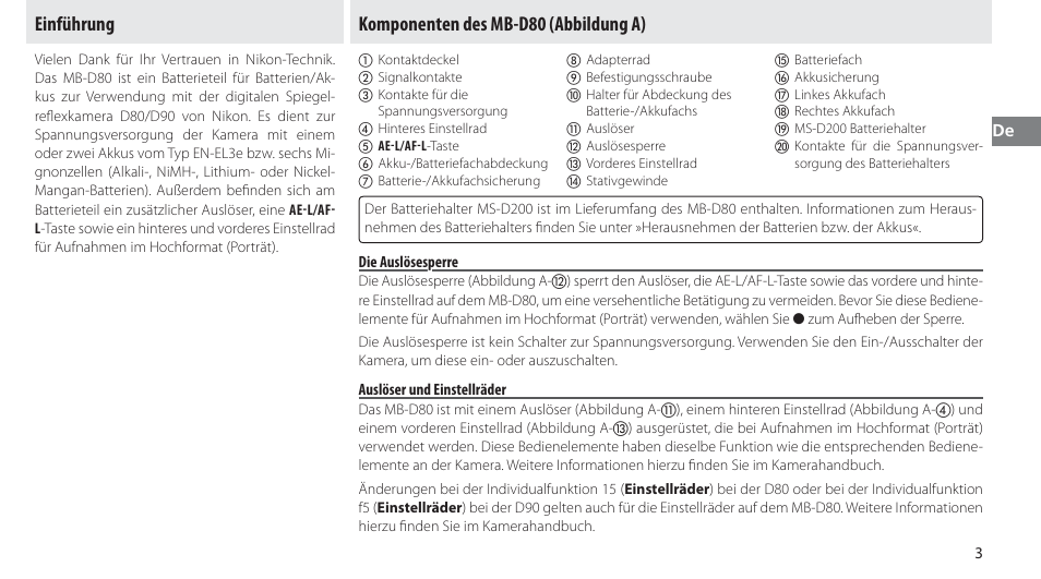 Einführung, Komponenten des mb-d80, Die auslösesperre | Auslöser und einstellräder, Komponenten des mb-d80 (abbildung a) | Nikon MB-D80 User Manual | Page 26 / 138