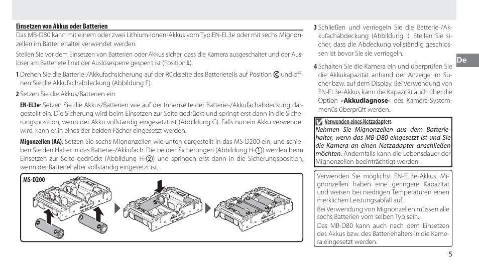 Einsetzen von akkus oder batterien | Nikon MB-D80 User Manual | Page 28 / 138