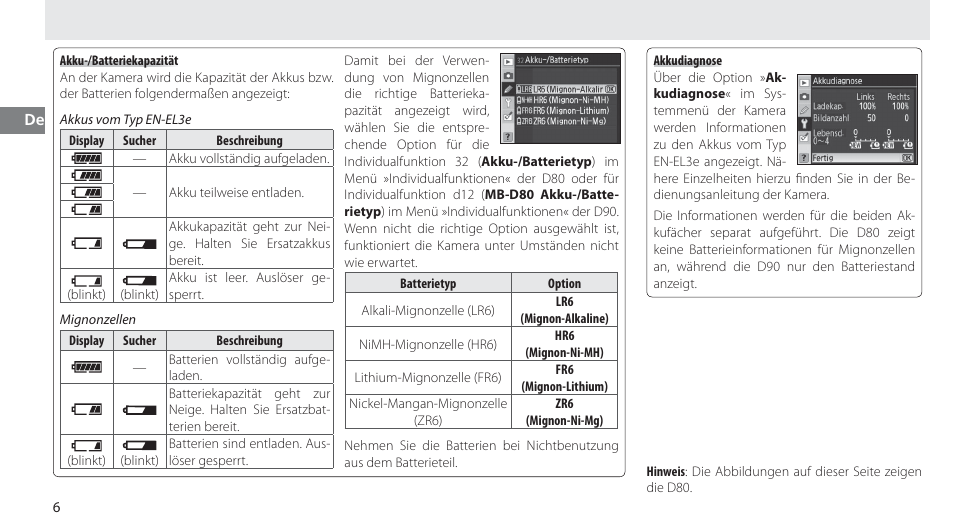 Akku-/batteriekapazität, Akkudiagnose | Nikon MB-D80 User Manual | Page 29 / 138