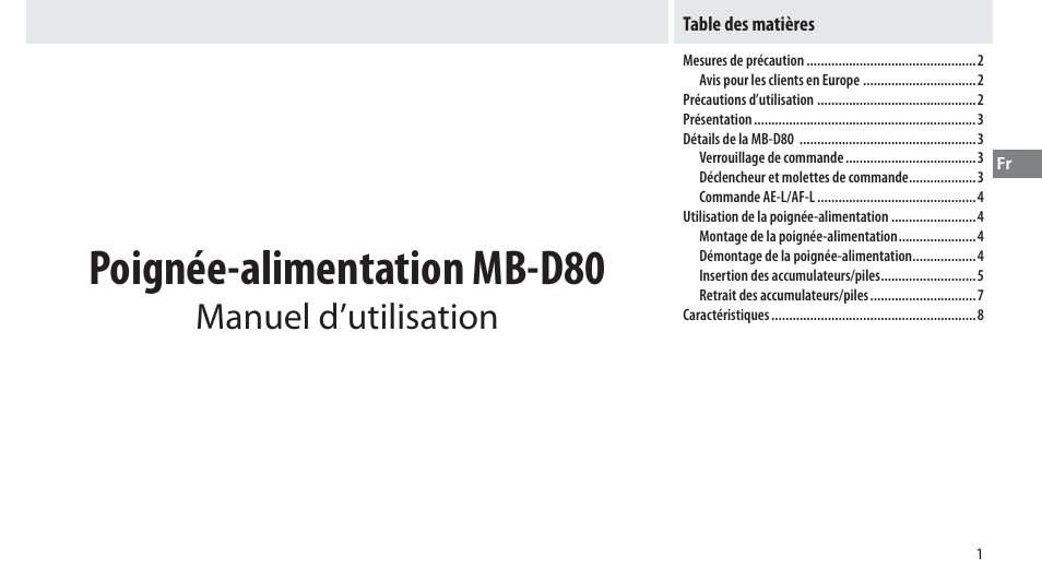 Poignée-alimentation mb-d80, Manuel d’utilisation | Nikon MB-D80 User Manual | Page 32 / 138