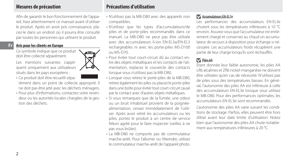 Mesures de précaution, Avis pour les clients en europe, Précautions d’utilisation | Nikon MB-D80 User Manual | Page 33 / 138