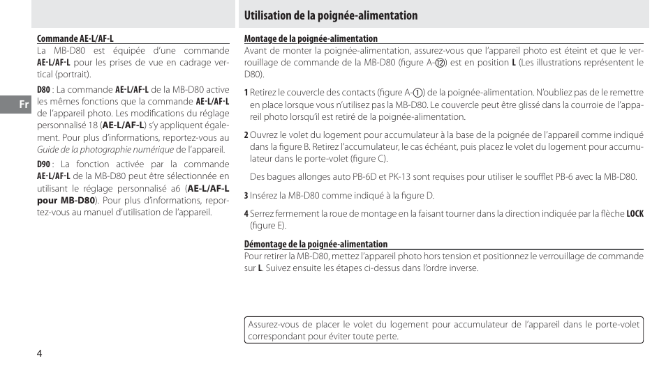 Commande ae-l/af-l, Utilisation de la poignée-alimentation, Montage de la poignée-alimentation | Démontage de la poignée-alimentation | Nikon MB-D80 User Manual | Page 35 / 138