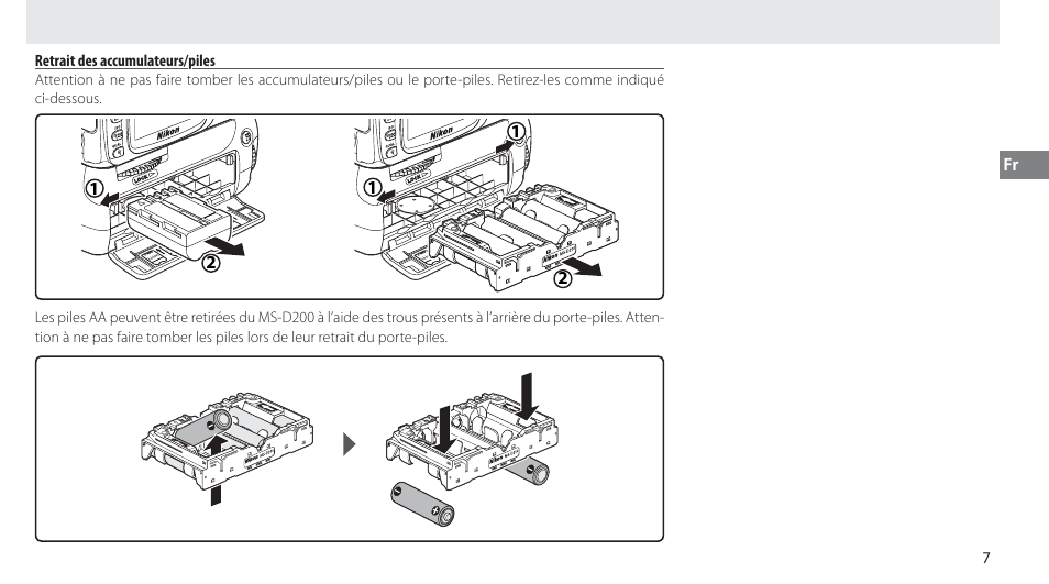 Retrait des accumulateurs/piles | Nikon MB-D80 User Manual | Page 38 / 138