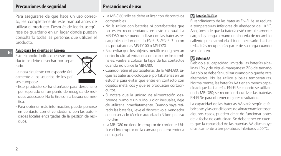 Precauciones de seguridad, Aviso para los clientes en europa, Precauciones de uso | Nikon MB-D80 User Manual | Page 41 / 138