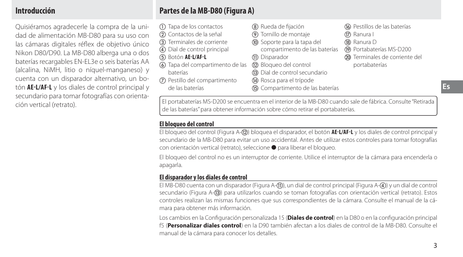 Introducción, Partes de la mb-d80, El bloqueo del control | El disparador y los diales de control, Partes de la mb-d80 (figura a) | Nikon MB-D80 User Manual | Page 42 / 138